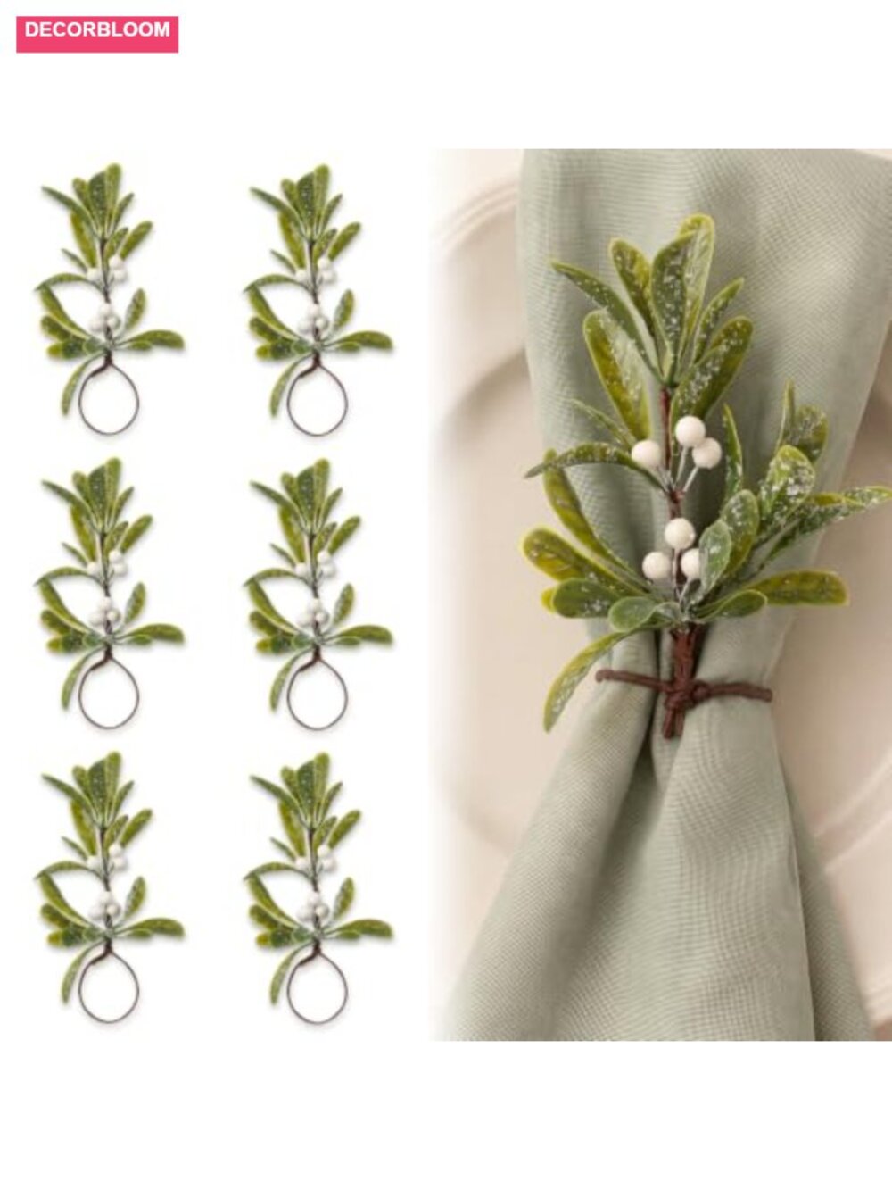 6 Pcs Christmas Mistletoe Napkin Rings PE Holiday Table Decor